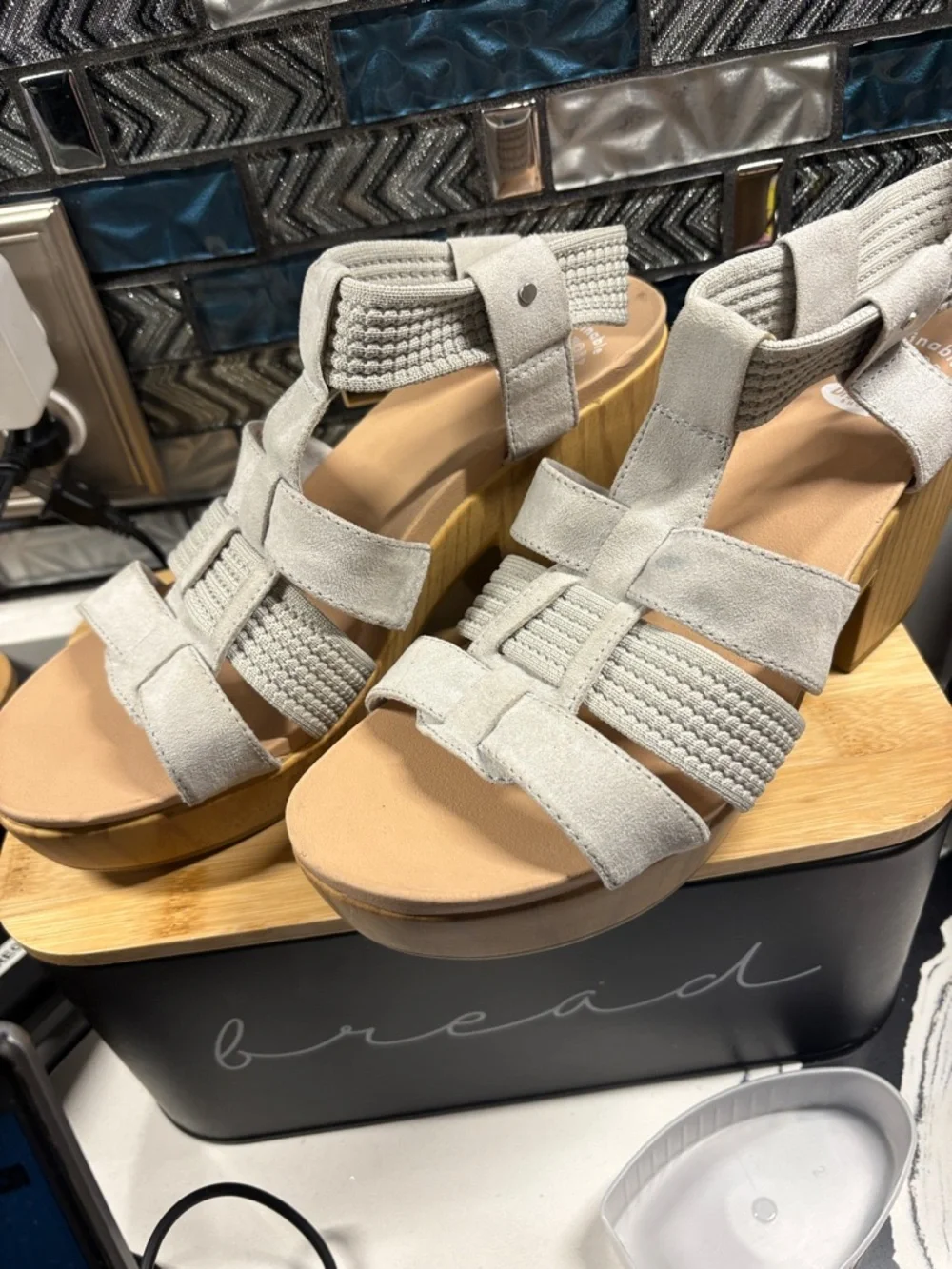 Womens Gray Strappy Platform Sandals